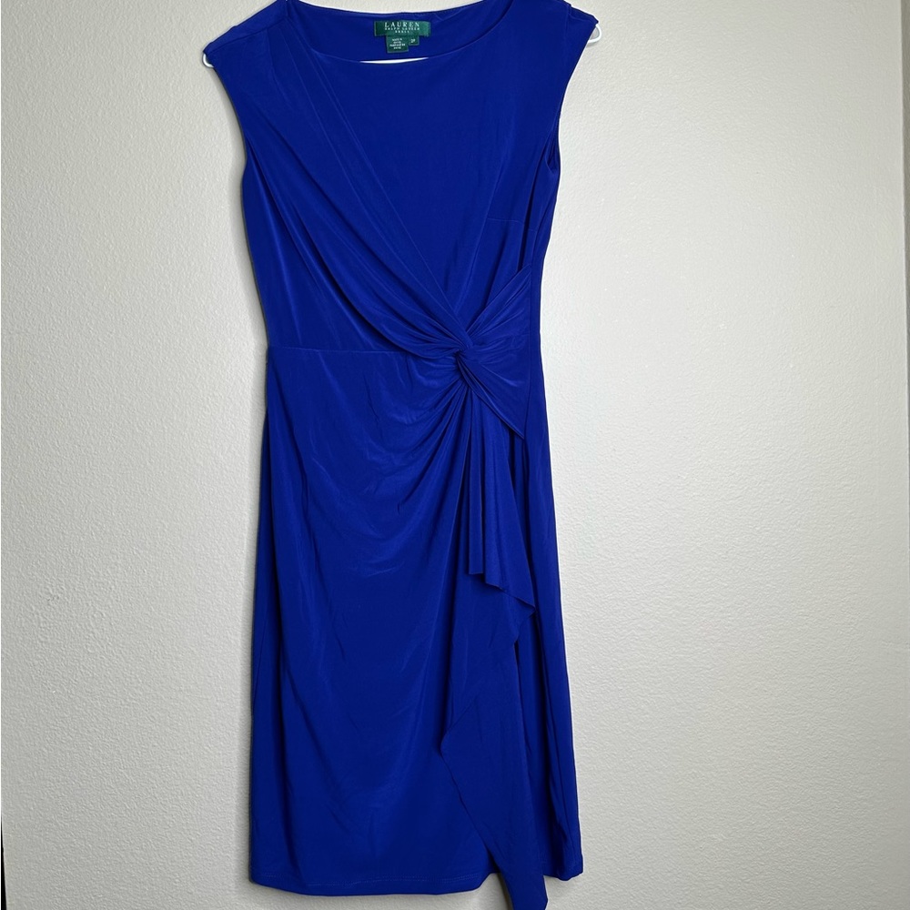 Lauren Ralph Lauren Dress Womens Size 2P Mock Wrap Capri Blue Cap Sleeve Stretch